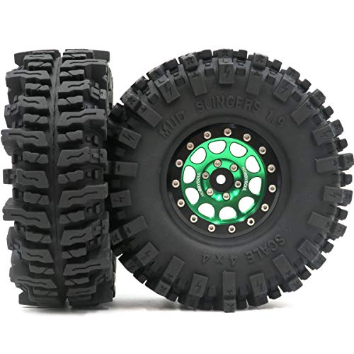 RC 1.9 Mud Slingers Tires Soft Sticky Tyre 120mm & 1.9 Beadlock Wheel Green Black For 1/10 Rock Crawler Axial SCX10 Capra Traxxas TRX4 Redcat Gen8, (4-Pack) - color: Green & Black