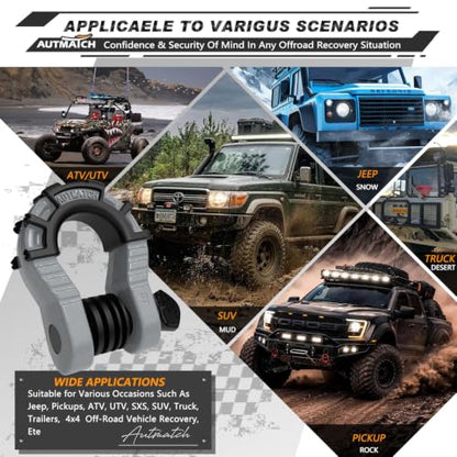 AUTMATCH D Ring Shackles 3/4" Mega Shackle (2 Pack) 68,000Ibs Break Strength - Heavy Duty Clevis Shackles with 7/8" Screw Pin and Isolator Washer for Tow Strap Winch Off Road Vehicle Recovery, Gray - color: Gray & Black