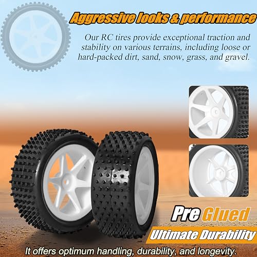 12mm Hex RC Wheels and Tires for 1/14 1/16 Hyper Go H14BM H16BM Tires and Wheels for 1/10 Traxxas Bandit Tires and Wheels for Losi Mini-T 2.0 2WD WLtoys 144001 Tires and Wheels Preglued 4PC