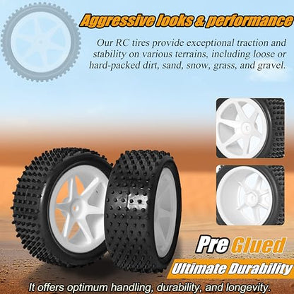 12mm Hex RC Wheels and Tires for 1/14 1/16 Hyper Go H14BM H16BM Tires and Wheels for 1/10 Traxxas Bandit Tires and Wheels for Losi Mini-T 2.0 2WD WLtoys 144001 Tires and Wheels Preglued 4PC