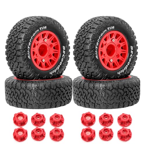 1/10 1/8 RC Short Course Truck Tires OD 113mm and Wheels 12mm 14mm 17mm Hex for 1:8 1:10 Scale Off Road Truck Car Traxxas Slash 2WD 4×4 Axial Losi Redcat Rc4wd Arrma Senton 4PCS (Red) - color: Red