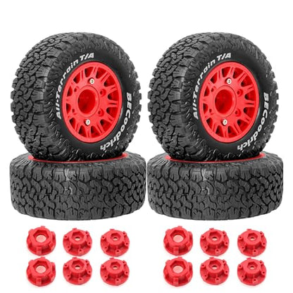 1/10 1/8 RC Short Course Truck Tires OD 113mm and Wheels 12mm 14mm 17mm Hex for 1:8 1:10 Scale Off Road Truck Car Traxxas Slash 2WD 4×4 Axial Losi Redcat Rc4wd Arrma Senton 4PCS (Red) - color: Red