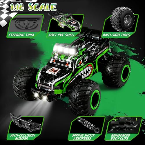Remote Control Monster Truck for Kids: Off-Road RC Car with Headlights & Body Lights, 1:18, 20 km/h, 2WD, 2.4 GHz, All-Terrain, Rechargeable, High-Speed - Birthday for Boys Ages 4-12