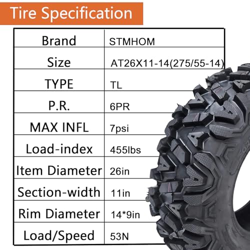 Set of 2 26x11-14 Heavy Duty ATV All Terrain Tubeless Off-Road Tires 6 PR, Directional Grip for Mud Trail Sand, Replacement Tire for ATV UTV Vehicles - size: 26x11-14