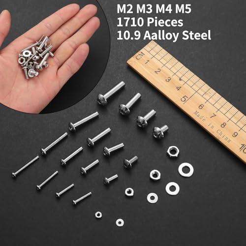 1710 Pcs M2 m3 m4 m5 Screws Assortment Kit, Metric Nuts and Bolts Assortment Kit, Hex Socket Button Head Cap Screw Bolts and Nuts Kits, Hex Socket Screw Set, Machine Screws Set, with Spanner(Silver) - size: M2M3M4M5