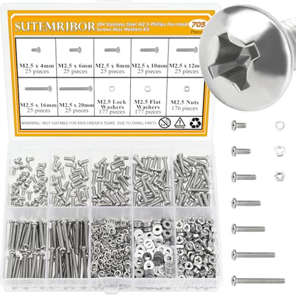 705 Pieces M2.5 Machine Screws Nuts Washers Set, Sutemribor M2.5 x 4/6/8/10/12/16/20mm Phillips Pan Head Machine Screws Nuts Washers Assortment Kit, 304 Stainless Steel, Fully Threaded - size: M2.5 Screws Kit, style: Phillips Pan Head