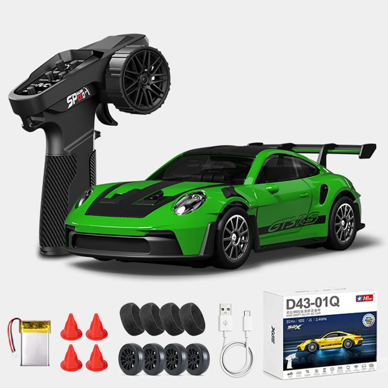 1:43 RC Drift Car D43-01 - 2.4G Full Proportional 4WD Alloy 20KM/H High Speed RC Racing Car with Gyro, Silent Bearings, Adjustable Speed & Lighting(Q5/Green/D43-01) - color: Q5/Green, size: D43-01