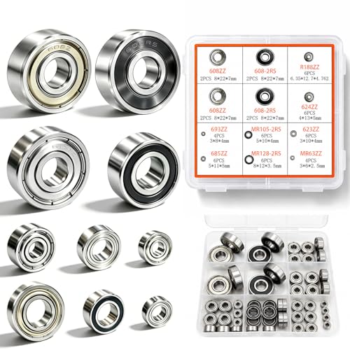 Ball Bearings Kit, 10 Sizes Skateboard Roller Bearing 608 Included, 52 PCS | Small Sealed Skate Bearing, 608zz 608rs 8mm included, Miniature Rollerblade for Longboard Skateboarding Wheels 3D Printing