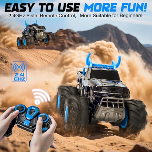 Remote Control Car for Kids, Waterproof RC Monster Truck with Gesture Band | All Terrain Waterproof RC Car Drives on Land and Water with 4WD, LED Lights, Spray, 360° Stunts, Tracks and 50+ Min Play - color: Blue