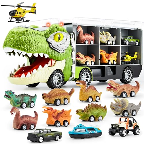 JOYIN 13 in 1 Dinosaur Toys for Kids 3-5, Transport Dinosaur Carrier Truck with 12 Pull Back Cars, Toddler Toys 3-4， Birthday Gifts for 3 4 5+ Year Old Boys - style: Tyrannosaurus Truck