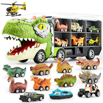 JOYIN 13 in 1 Dinosaur Toys for Kids 3-5, Transport Dinosaur Carrier Truck with 12 Pull Back Cars, Toddler Toys 3-4， Birthday Gifts for 3 4 5+ Year Old Boys - style: Tyrannosaurus Truck