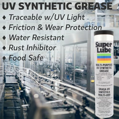 Super Lube Multi-Purpose UV Synthetic Grease w/Syncolon - NLGI 2 - High Temperature, Water & Corrosion Resistant Grease - Workshop & Industrial Use - Food Grade - Cartridge - 14.1 oz (41150/UV)