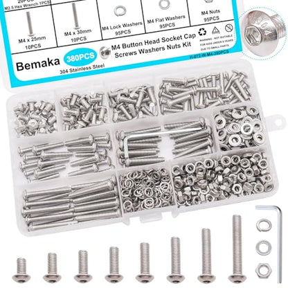 380PCS M4 Screw Kit, M4 x 6/8/12/16/20/25/30mm Button Head Socket Cap Screws Bolts Nuts Washers Assortment Kit, 304 Stainless Steel M4 Bolts with Hex Wrench - size: SS M4 x 6/8/12/16/20/25/30mm, style: Button Head