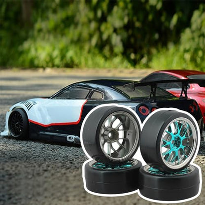 Blue Plastic Y Shape Hub Wheel Rim with Smooth Tires for RC 1:10 On-Road Racing Car & Drift Car Pack of 4