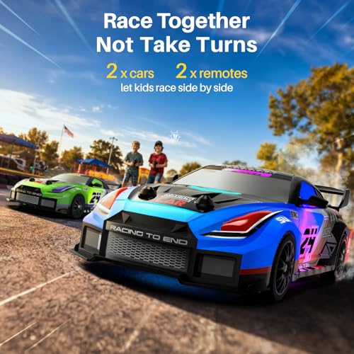 Geyiie 2 Pack RC Drift Cars, 1:24 Remote Control Car Set, Up to 70 Mins Per Car, LED Lights, Mini Track Barriers & Challenge Cards, 2 Player Indoor Gift for Boys & Girls