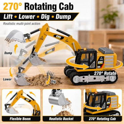 Mini RC Excavator, 1/64 Remote Control Excavator with Lights & Sounds, App & 2.4GHz RC Alloy Rechargeable Construction Vehicle Toy with Lights & Sounds, Gift for Boys Girls Adults - style: RC Excavator