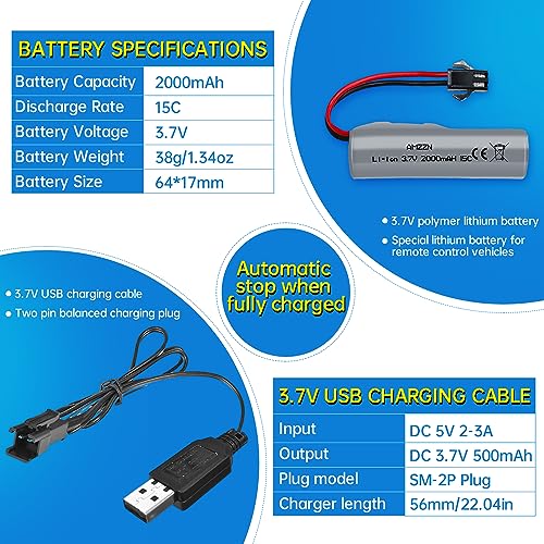 2PCS 3.7V 2000mAh Lipo Battery with USB Charging Cable SM-2P Plug for DE44 DE45 DE68 RC Cars, Remote Drift Vehicles, Trucks, Off-Road Vehicles, High-Speed Climbing Racing
