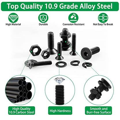 1500PCS Screw Assortment Kit, M2-M6 10.9 Alloy Steel Hex Flat Cap Bolts | With Nuts & Flat Washers & Lock Washers & Wrench, Black Zinc Plated High-Tensile, Length 10-20mm, for 3D Printing, DIY, Home - size: M2 M3 M4 M5 M6 1500pcs 1