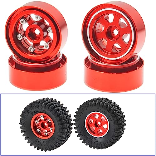 ShareGoo 4Pcs Metal 1.0 Beadlock Wheels Rims 7mm Hex Wheel Hubs 1.0" Wheels Compatible with 1/18 Traxxas TRX4M Axial SCX24 Gladiator Deadbolt Bronco 1/24 RC Crawler (Red) - color: Red