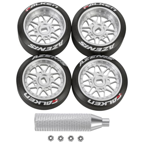 4 Pcs 25mm Star Shaped Rc Drift Wheels & Logo Drift Tires for 1/24 1/28 Wltoys, [2N+2W] Aluminum Alloy Rims with Rc Drift Car Tires for 1/24 1/28 Mini-Q HGD1 Wltoys K969 K989 k929(Silver) - color: Silver