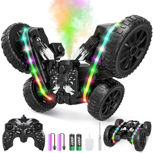 Jimdella RC Cars Toys, 2-in-1 Remote Control Car Transform 4WD with Spray & LED Lights, 2.4GHz Off-Road Stunt Truck for 360° Flips Gift for Boys Age 8-12 (Black) - color: Black