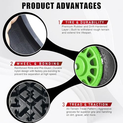4PCS Pre-Glued 1/14 RC Tires and Wheels, 68×28mm All-Terrain Rubber Short Course Truck Tires with 12mm Hex Nylon Rims for ARRMA Mojave GROM, 1/14 1/18 RC Off-Road Trucks Green - color: Green