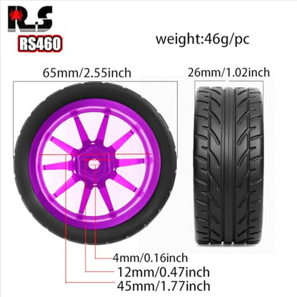 4PCS Aluminum Alloy Wheel Rim Tires Tyres 65x26mm Hex Adapter 12mm RC Spare Parts for 1/10 HSP HPI TAMIYA SAKURA D3 D4 Rally Touring Drift RC Car (Purple) - color: Purple