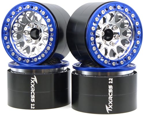 RC 2.2 Aluminum Alloy Beadlock Wheels and Tires Upgrades Accessories Rims for 1/10 SCX10 TRX4RC4WD and D90 RC Crawler Axial Remote Control Car (4pc) (Silver Blue) - color: Silver Blue