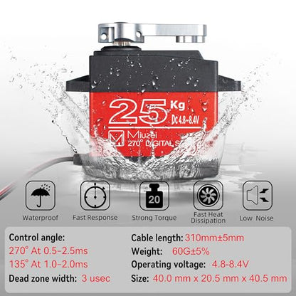 25KG Servo Motor High Torque Metal Gear for 1/10 1/8 RC Car 2 Pack | 27.5kg·cm Torque 0.13s/60° Speed @8.4V, Digital 270 Degree Waterproof Standard Steering with 25T Horn for RC Crawler Robot