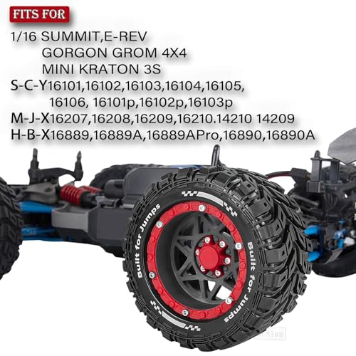 RC Truck Wheel and Tires for 1/16 SUMMIT E-REVO GORGON GROM MINI KRATON M-J-X H-B-X S-C-Y RC Car,Monster Truck Car Wheel Tires w/Plastic Wheels Rim,Soft Tire Highway Wheels (4PCS),Black and Red - color: Black-red(rc Wheels Tires)