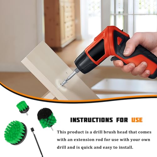 4PCS Drill Brush Attachment Kit with Extension Rod, Green | PP bristles with steel shafts, three brush sizes, quick-change extension rod, follows curved surfaces, compact storage - color: Green