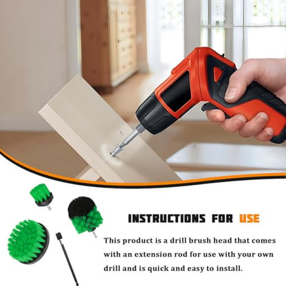 4PCS Drill Brush Attachment Kit with Extension Rod, Green | PP bristles with steel shafts, three brush sizes, quick-change extension rod, follows curved surfaces, compact storage - color: Green