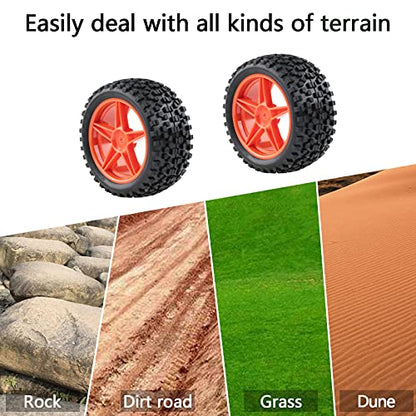 1/10 Buggy Tires & Wheels Set - Front & Rear Different Sizes 12mm Hex Red 5-Spoke Rims, Compatible with Traxxas Bandit, Redcat, Tamiya - Includes Lock Nuts, Washers & Wrench