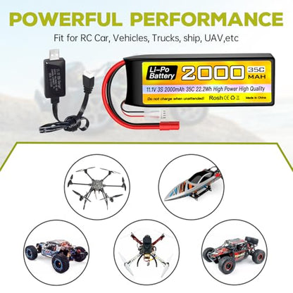 1PCS 3S Lipo Battery 11.1V 2000mAh 35C with 3.5mm Banana Head Plug with USB Charging Cable for RC Car Truck Boat Quadcopter FPV Drone Battery
