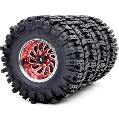 2.2 Mud Slingers Tires with Adjustable Offset 2.2 Beadlock Wheels, 124mm Tall 2.2 Tires & 40mm Wide 2.2 Rims for 1/10 RC Crawler TRX4 SCX10 Capra Upgrades,HS701585 - color: Silver & Red