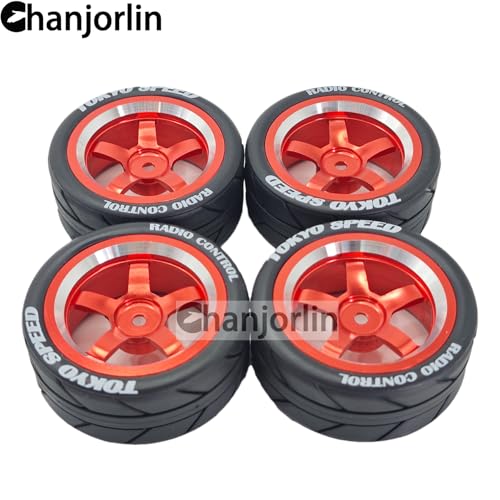 1/10 On Road Racing Tires And 5-Spoke Aluminum Wheels 12mm Hex OD 2.56" RC Touring Tyres For 1:10 Rally Street Drift Car Tamiya TT01 TT02 XV01 A959 PTG2 KYOSHO HSP Traxxas 4PCS (Red) - color: Red