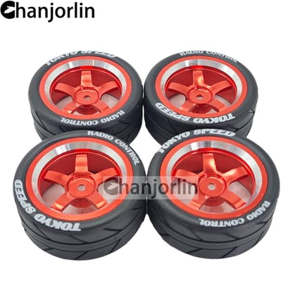 1/10 On Road Racing Tires And 5-Spoke Aluminum Wheels 12mm Hex OD 2.56" RC Touring Tyres For 1:10 Rally Street Drift Car Tamiya TT01 TT02 XV01 A959 PTG2 KYOSHO HSP Traxxas 4PCS (Red) - color: Red