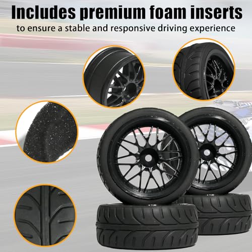OD 2.55" On Road Rubber Tires Nylon Wheels- 12mm Hex for 1/10 RC Racing Car | Compatible with MJX HSP Tamiya HPI Kyosho Traxxas Sakura Redcat WLtoys 1/10 RC On-Road Racing Touring Car (4pcs, Black) - style: B-Black