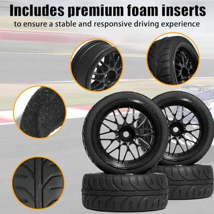 OD 2.55" On Road Rubber Tires Nylon Wheels- 12mm Hex for 1/10 RC Racing Car | Compatible with MJX HSP Tamiya HPI Kyosho Traxxas Sakura Redcat WLtoys 1/10 RC On-Road Racing Touring Car (4pcs, Black) - style: B-Black