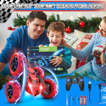 cosone Remote Control Car for Boys - Car Toy for Kids Age 6 7 8 9, 4WD 2.4Ghz Double Sided 360° Rotating RC Cars with Headlights, Christmas Birthday for Boys and Girls - Red - color: Red