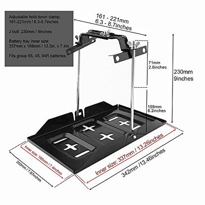 THEPRO Battery Hold Down Tray Kit, Corrosion-Resistant Steel Storage Battery Holder Adjustable Bracket Clamp for Car, Boat, Marine (9'' Bolt with 13.58'' Battery Tray) - size: 9'' Bolt with 13.5'' Battery Tray