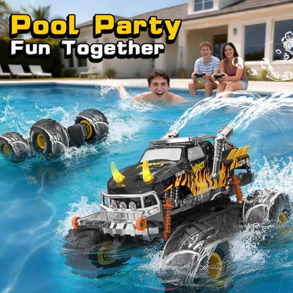 Amphibious 1:16 Waterproof Monster Truck Toys RC Car Water Blaster Trucks 60+ Min Runtime with 2 Batteries 360 Spin 4WD All Terrain Off-Road rc car water Toys 5-12 Year Old Kids Back-to-school season - color: Yellow