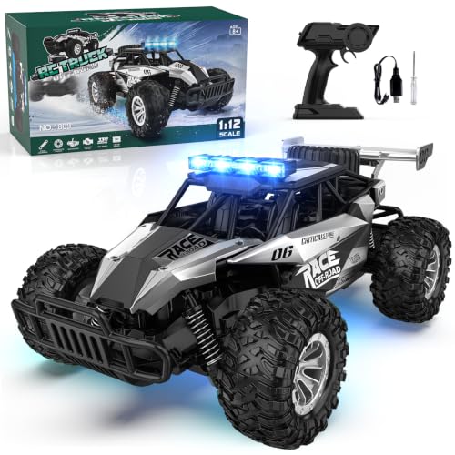 BLUEJAY Remote Control Car, 2.4GHz High Speed 33KM/H RC Cars Toys | 1:12 Monster RC Truck Off Road with LED Headlight and Rechargeable Battery Gifts for Adults Boys 8-12 - color: Metal Silver