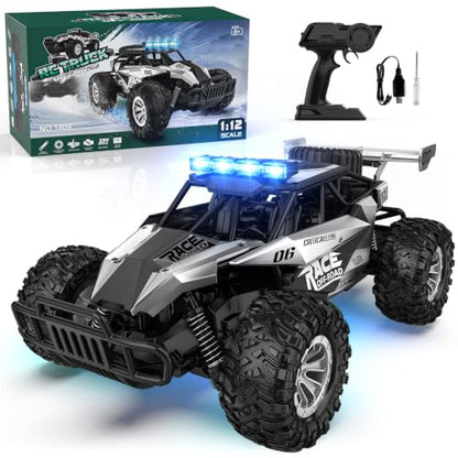 BLUEJAY Remote Control Car, 2.4GHz High Speed 33KM/H RC Cars Toys | 1:12 Monster RC Truck Off Road with LED Headlight and Rechargeable Battery Gifts for Adults Boys 8-12 - color: Metal Silver