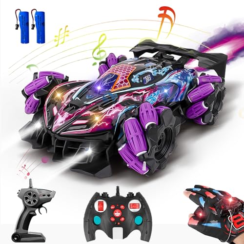 GoolRC RC Stunt Car, Gesture Sensing RC Cars, 2.4GHz 4WD Remote Control Car with 360° Rotating, Spray, Lights & Music, 3 Control Mode for Adults Birthday Gifts, 2 Battery (Purple) - color: Purple, size: 2 Batteries