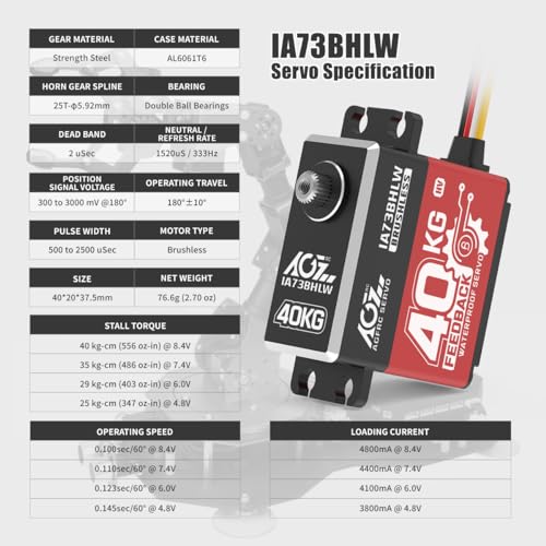 AGFRC 40KG IP67 Waterproof Position Feedback Servo (IA73BHLW) | 8.4V HV, 4-Wire Position Feedback, Programmable, Brushless Motor, Steel Gears, For Robotics & Industrial Use
