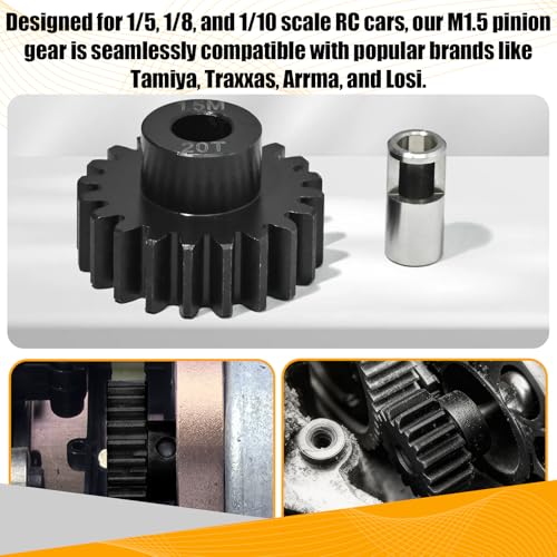 M1.5 20T Pinion Gear 8mm Bore with 8mm to 5mm Shaft Adapter Sleeve, Chromium Steel Motor Gear with Set Screw & Hex Key for Traxxas ARRMA Losi 1/5 1/8 RC Cars - size: 20T