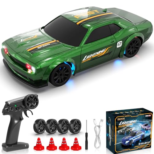 Mini RC Drift Car 1/43 2.4GHz RC Drift Cars with Gyro, 4WD Full Proporitonal High Speed Remote Control Car with LED Lights and Drifting Tires Hobby Racing Cars for Adults Kids Boys, Green - color: Green