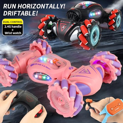 HUIOP Stunt Car 2.4GHz Car Spray Car with Function Lateral Movement,Breathing Light,Deformation,Double-Sided Driving,Wrist Watch-Dual - color: Red, size: 1 battery