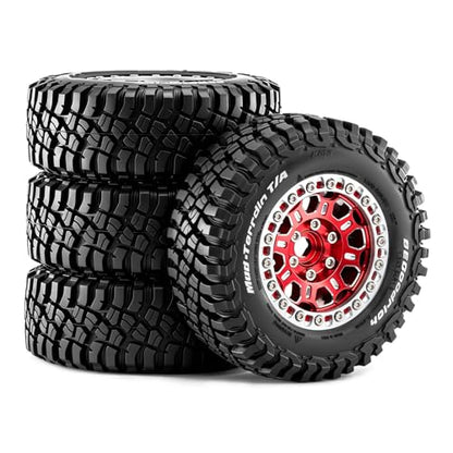 1.9" Beadlock Wheels and Tires (90mm/3.54in) for MJX Hyper Go H12Y, MN128, 1/12 RC Crawler, CNC Aluminum Wheels, Soft Rubber Tires with Foam Inserts, Installation Tool Included (Red) - color: Red